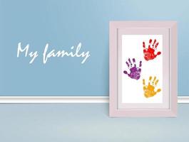 Hand prints in a frame. The concept of my family on the background of the wall. Vector illustration. EPS 10.