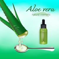 Aloe vera plant with flowing juice and a glass dropper bottle. Layout of collagen serum packaging. Poster template with advertising of cosmetic products for beauty. Realistic 3d vector illustration