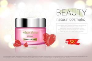 Premium VIP cosmetics, moisturizing luxury face cream. Elegant bottle of cream mask of pale pink color, isolated with sequins with hearts, glitter effect. 3D realistic vector illustration