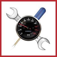 An auto repair shop icon. Realistic vector speedometer with speed indication on the background of instruments. Poster, digital banner, leaflet.