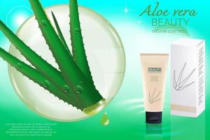 plantilla cosmética de aloe vera, ilustración de un diseño cosmético de un tubo de crema con envase con ingredientes de aloe vera y una gota de aceite brillante vector