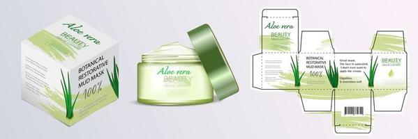 Design of the cosmetic packaging template. Cut. An open cosmetic cream mask with aloe vera with a closed box. Realistic 3D model.