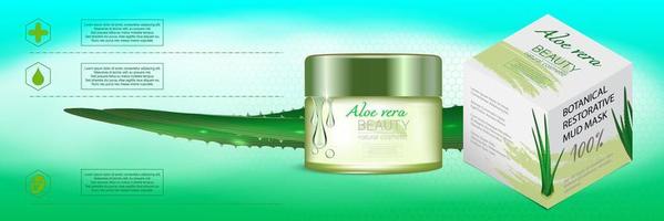 Skin care cream with aloe vera and plant leaves with infopanel and logos. Branded packaging design. Vector illustration.