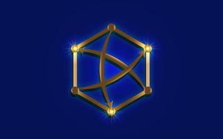 Blockchain Logo Template. Technology Design. Cryptocurrency, Icon of chain of spheres connected with dynamic arrows. Gold Vector illustration isolated on blue background