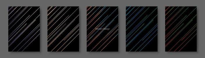 Modern colorful gradient striped cover, frame design set. Luxury creative dynamic line pattern in premium colors. Vector black background for business brochure, notebook, menu template