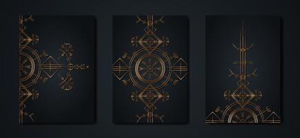 juego de cartas negras colección de arte vikingo antiguo mágico, brújula de navegación vegvisir dorada antigua. símbolos vikingos, mitología nórdica, icono de plantilla de logotipo dorado de lujo signo esotérico wiccan vector