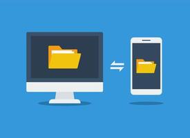 transferencia de archivos. archivos transferidos de forma encriptada. computadora y teléfono inteligente con carpetas en pantalla. copiar archivos, intercambio de datos, copia de seguridad, migración de PC, conceptos de intercambio de archivos. adecuado para muchos propósitos. vector