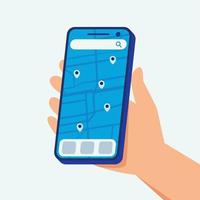 Hand holding phone using map app illustration concept flat vector. Suitable for many purposes. vector