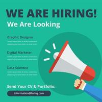 Join our team banners. We are hiring communication poster, help wanted advertising banner with speaker and vacant badge. Hr recruiting hire, vacancy job offer vector social media template.
