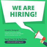 Join our team banners. We are hiring communication poster, help wanted advertising banner with speaker and vacant badge. Hr recruiting hire, vacancy job offer vector social media template.