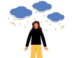 una mujer frustrada se para sobre un fondo blanco. nubes en lo alto, depresión, salud mental. una mujer deprimida. lluvia, rayo vector
