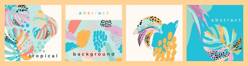 Collection of art backgrounds with abstract tropical leaves. Modern design for posters, covers, cards, interior decor and other