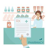 Man holds a medical prescription in his hand against the background of a pharmacy with a pharmacist. Flat vector illustration