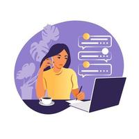 A woman works on a laptop computer and talks on the phone sitting at a table at home with a Cup of coffee and papers. Vector illustration. Flat.