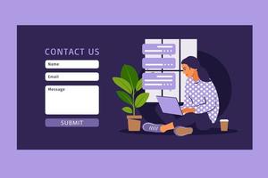 Contact us form template for web and Landing page. Female customer talking with client. Online customer support, help desk concept and call center. Vector illustration in flat.