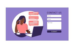 Contact us form template for web and Landing page. African female customer talking with client. Online customer support, help desk concept and call center. Vector illustration in flat.