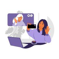 Video conference. Businesswoman online consulting. Telecommunication concept. Vector