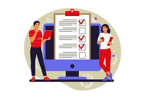 Customers filling up survey form. Vector illustration. Flat