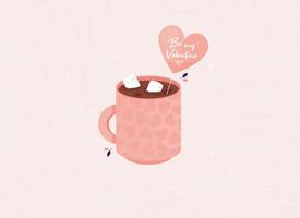 Cute cup with Coffee or Cocoa and element in the form of a Heart with the text Be my Valentine. Romantic and Love. Marshmallow drink. Pink. Vector illustration in flat design