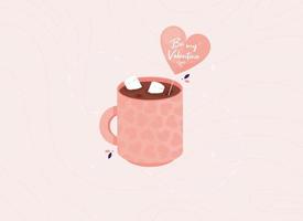 Cute cup with Coffee or Cocoa and element in the form of a Heart with the text Be my Valentine. Romantic and Love. Marshmallow drink. Pink. Vector illustration in flat design