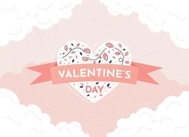 Happy Valentine's Day pink ribbon banner with white heart and flowers. Romantic and Love poster, greeting card and postcard. Vector illustration in flat design