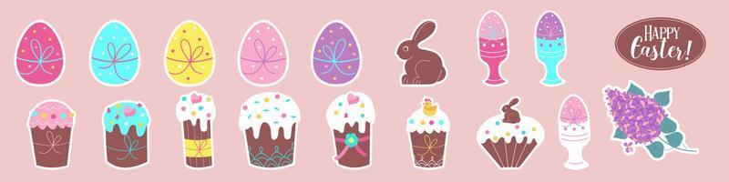 A set of festive stickers for Easter. Easter cakes, painted eggs and a chocolate rabbit. vector