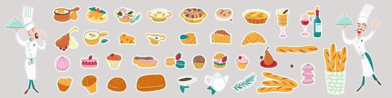 A set of vector stickers of French dishes and chef characters.