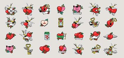 A set of vector stickers. Attributes of love. Red hearts in tattoo style. For Valentine's Day.