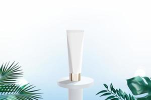 White clean bottle on podium and tropical plants in front, for cosmetic ad. vector