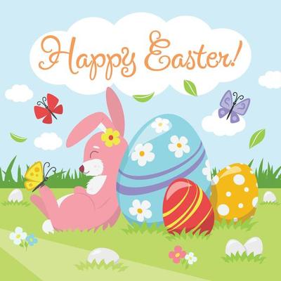 Cute Sleeping Bunny with Colorful Easter Eggs in Spring Meadow