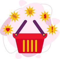 A shopping basket, red for purchases and an icon of cash and coins. vector