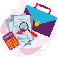 Briefcase with documents, money calculator and magnifying glass, documents. vector