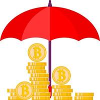 A flat illustration of a pile of bitcoins under an umbrella. vector