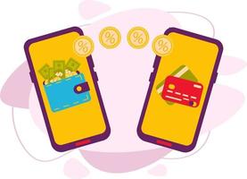 Money transfer from a mobile phone to another phone. vector