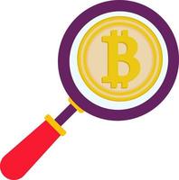 A Bitcoin gold coin under a magnifying glass. vector