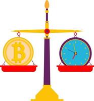 Scales. Balance of time and results of investments in bitcoin. vector