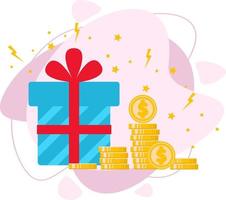 Gift box with red ribbon, bonus money. vector