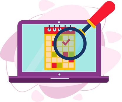 A computer with a calendar and a magnifying glass for searching. vector