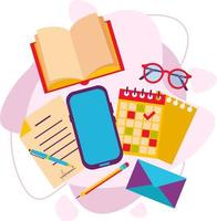 Open book, documents, glasses, phone, calendar. Office items. vector