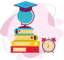 A stack of books, a globe, a graduation cap, an alarm clock. vector