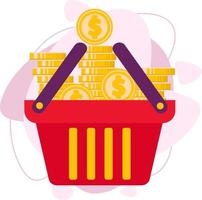 The money is in the red shopping basket. Lots of gold coins. vector