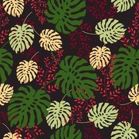 Fashionable seamless floral pattern. Pink, green and red leaves on a black background. vector