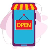 Mobile phone. The store is open. A sign with the inscription open. vector