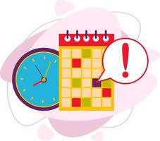 Calendar and clock icon. Notification of the deadline of the calendar date. Meeting, schedule. Vector illustration in a flat style.