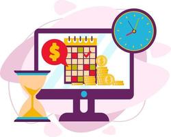 Computer screen, calendar, hourglass, coin money. Order completion dates. vector