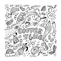 hand  drawn 'Coffee time' doodles on white background. Cute cup, donut, coffee maker and other decorative elements for prints, backgrounds, stationery, textile, posters, banners, etc. EPS 10 vector