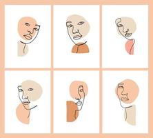 set of abstract women's faces drawn in one line and decorated with shapes for feminist posters, fashion printables, cards, stickers, etc. EPS 10 vector