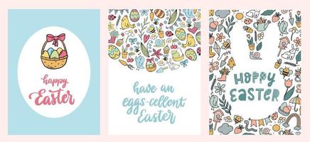 Easter cards, posters, prints decorated with doodles and lettering quotes. EPS 10 vector