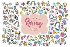 Set of hand drawn spring doodles and stickers. vector