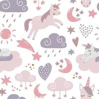 lindo patrón transparente con unicornios, nubes, luna y estrellas para textiles de guardería, ropa de cama, álbumes de recortes, ropa para niños, papel de regalo, papel tapiz, etc. eps 10 vector